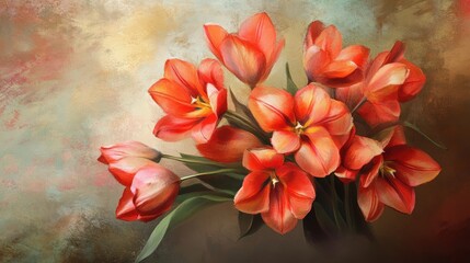 Leinwandbilder - Vibrant bouquet of blooming red tulips against a softly blurred artistic background showcasing floral elegance and beauty.
