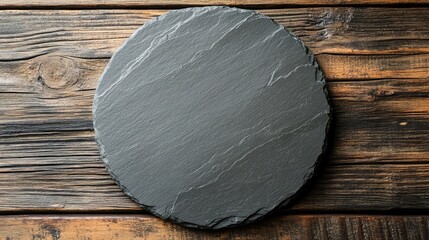 Aufkleber - Circular slate stone platter beautifully positioned on rustic wooden background highlighting natural textures and earthy tones.