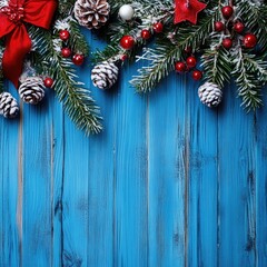 Aufkleber - Festive blue wooden background adorned with frosted pine branches, red berries, pinecones, and holiday decorations creating a vibrant Christmas frame.