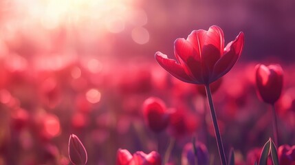 Fototapete - Close up of vibrant red tulip blossoms in a sunlit field with soft bokeh background creating a dreamy atmosphere in springtime.