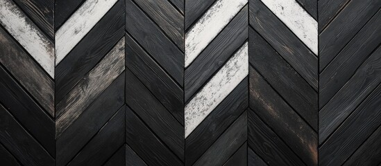 Fototapete - Chevron patterned black and white wooden planks in a top view creating a stylish background with negative space for design elements or text.
