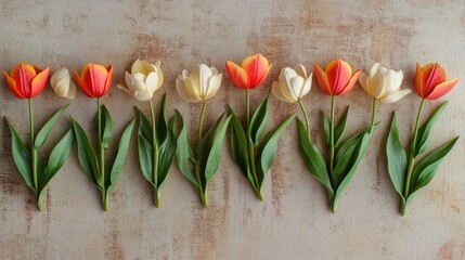 Wall Mural - colorful tulips arranged on a rustic wooden background showcasing spring floral beauty and vibrant c
