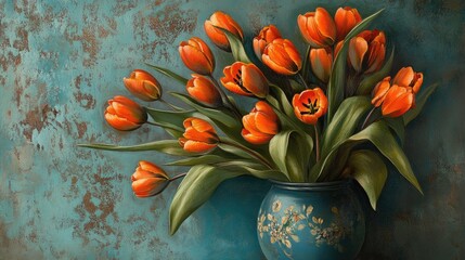 Leinwandbilder - Vibrant Orange Tulips in Decorative Vase Against Textured Background
