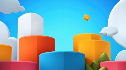 Dynamic and Vibrant Three-Dimensional Design with Colorful Shapes Against a Clear Sky