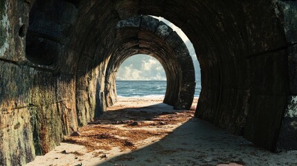 Aufkleber - Rustic Stone Tunnel Opening to Tranquil Beach and Sea with Dramatic Sky and Ocean Waves in the Background