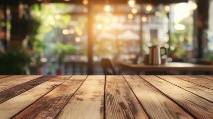 Poster - Wooden tabletop with blurred vintage restaurant background featuring bokeh lights and moka pot tea set ideal for product display and presentation
