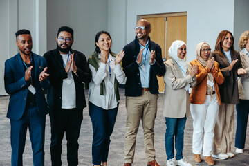 Wall Mural - Diverse group of skilled colleagues clapping during a training session, showcasing teamwork and success in a professional setting.