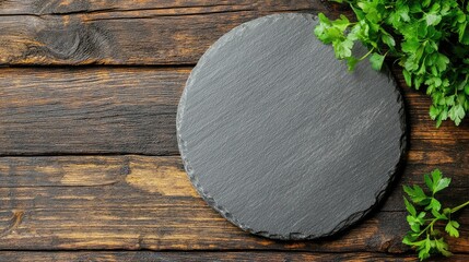 Fototapete - Circular slate stone plate atop dark rustic wooden surface with fresh green parsley leaves arranged on the side creating a natural culinary atmosphere.