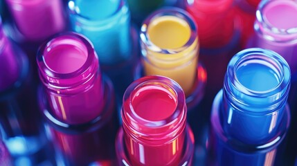 Leinwandbilder - Vibrant close up of assorted colorful nail polish bottles showcasing a range of hues and reflections in bright lighting