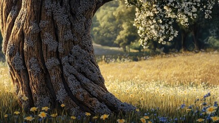 Poster - Closeup of textured tree trunk with blooming meadow and sunlight creating a serene natural landscape atmosphere in springtime.