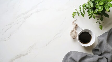 Aufkleber - Elegant flat lay of a modern white countertop with a green leafy plant, coffee cup, and soft gray fabric on a bright white background.