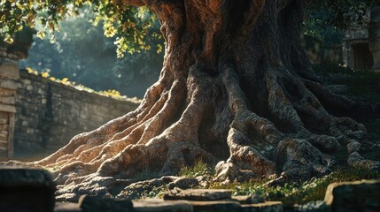 Aufkleber - Majestic fig tree trunk showcasing large buttressed roots intertwined with sunlight illuminating the ancient landscape backdrop.