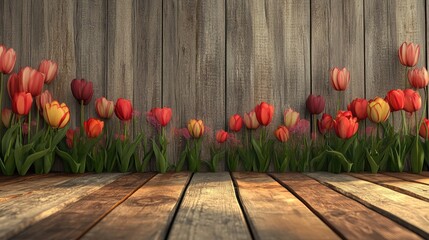 Leinwandbilder - Tulips in vibrant colors against a rustic wooden background creating a warm and inviting atmosphere perfect for spring and nature themes