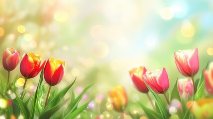 Fototapete - Vibrant tulip flowers with soft blurry background creating a dreamy springtime atmosphere in a garden setting