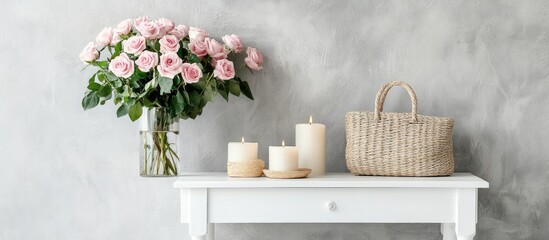Poster - Chic bedroom decor with white bedside table, pink roses, candles, and woven basket against a light grey concrete wall for modern interiors.