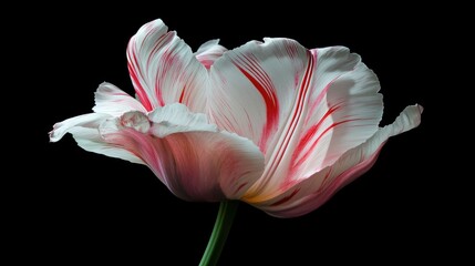 Aufkleber - Stunning close-up of a beautifully delicate tulip showcasing intricate petals and vibrant colors against a dark background.