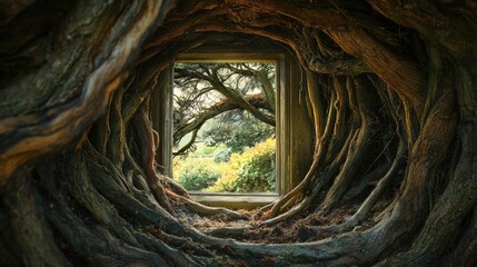 Aufkleber - Yew Tree Tunnel Framed by Rustic Window with Lush Greenery in Background