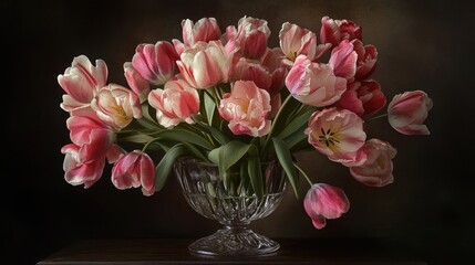 Poster - Elegant bouquet of colorful tulips in a crystal vase captured in soft lighting showcasing their vibrant petals and delicate beauty