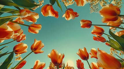 Aufkleber - Vibrant tulip blossoms framed by a clear blue sky from a unique bottom view perspective