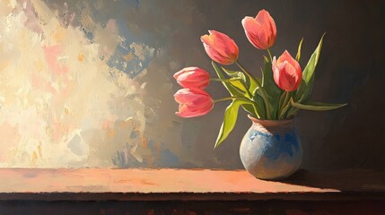 Leinwandbilder - Pink tulips in a ceramic vase on a wooden desk against a softly textured background showcasing floral beauty and tranquility.