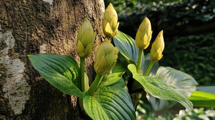 Poster - Young tropical plant leaf buds emerging from textured tree trunks in a lush green environment showcasing nature's growth and beauty.