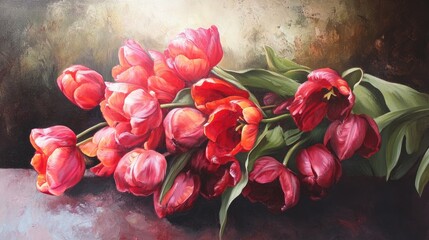 Aufkleber - Vibrant bouquet of red tulips elegantly arranged with lush green leaves on a textured background showcasing their natural beauty and grace