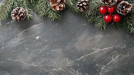 Aufkleber - Top view of a dark stone desk decorated with a festive Christmas border featuring green pine branches, red ornaments, and pinecones.