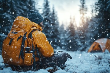 Poster - A person sitting in snowy terrain with a backpack, perfect for winter outdoor scenes or adventure concepts