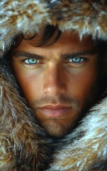 A young man gazes intensely with mesmerizing blue eyes, his face framed by a luxurious fur coat. The setting suggests a chill, emphasizing the warmth of his expression