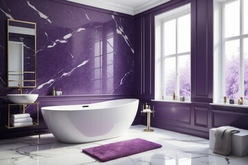 Wall Mural - bathroom interior design with marble panels, bathtub, towels and other personal bathroom accessories