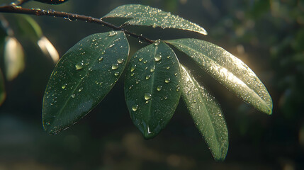 Wall Mural - dew-kissed leaves, sunlit forest background, nature photography, ideal for wellness branding