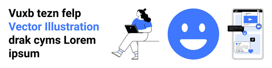Woman sitting with laptop, large blue happy face, smartphone displaying app interface. Ideal for tech tutorials, software demos, UIUX design, online courses, social media, mobile apps, web design