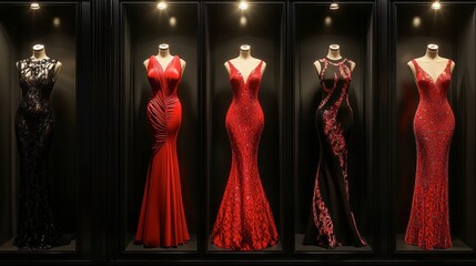 A display of womens cocktail dresses in bold reds and blacks, set on mannequins under spotlight for a chic fashion showcase.