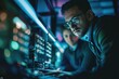 © Abdul - Focused technician troubleshooting a laptop issue in a vibrant tech lab environment with dramatic lighting, highlighting technical expertise and teamwork effort.