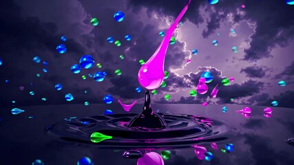 Fototapete - Colorful water droplets dance on a surface reflecting a stormy sky with vibrant colors