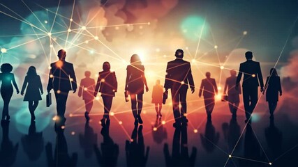 Leinwandbilder - Modern Business Silhouettes People with Briefcases Embrace Digital Technology for Networking and Collaboration in Vibrant Environment
