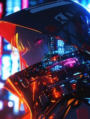 Wall Mural - Cyberpunk Anime Girl Neon City Lights