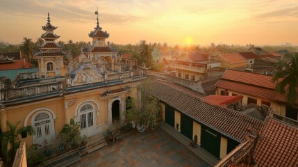 Wall Mural - Panoramic view of Cao Dai Temple's exterior, highlighting the temples unique blend of architectural styles.