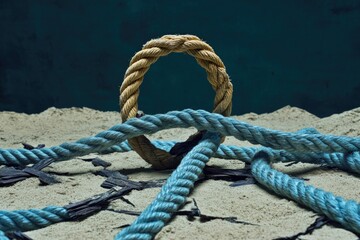 Wall Mural - A rope and a ring found on a sandy beach, possibly used for nautical or romantic purposes