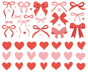 Wall Mural - Set of various bows, gift ribbons, hearts, love icons. Bowknots. Fashionable vector illustration. Hair accessories. Bow knots for gift wrapping. Gift bows, magic bow illustration. Celebration, party