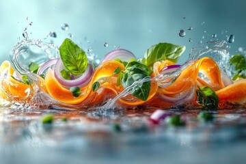 Canvas Print - Vibrant orange carrot and red onion ribbons with fresh basil, submerged in sparkling water, creating a dynamic splash.  Perfect for healthy eating, cooking, and food blogs.