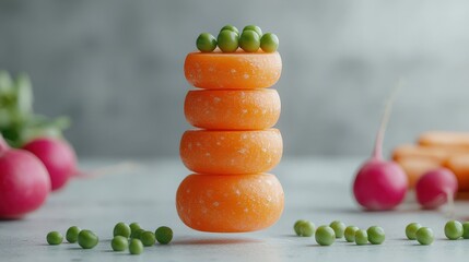 Canvas Print - Stacked carrot slices with peas on top, vibrant colors, healthy food concept, creative food photography,  delicious and nutritious.