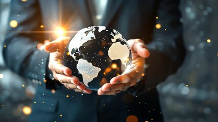 Poster - Businessman Holding Glowing Globe Vision of Global Connection, Innovation, and Responsibility for Future of Technology on Earth.