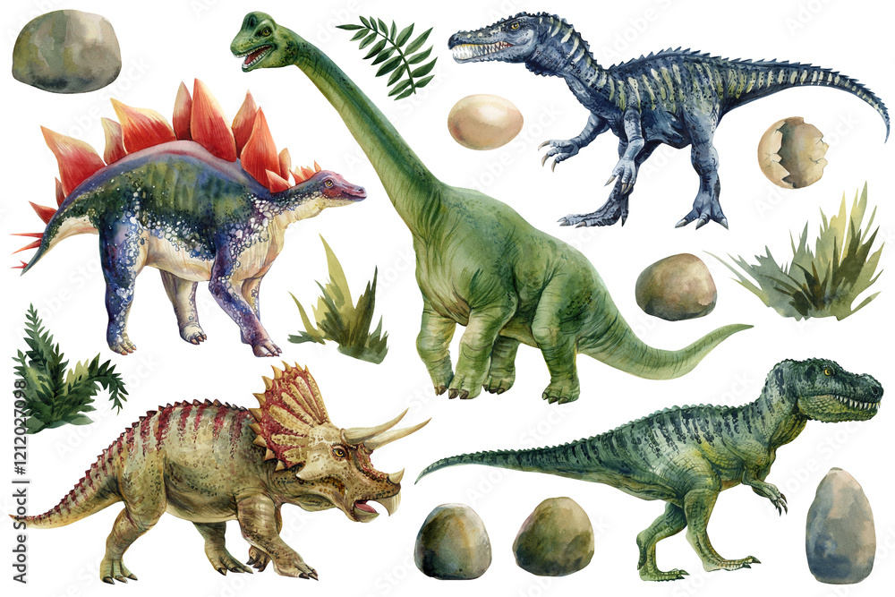 Watercolor Dinosaurs Set Isolated Prehistoric Animals Stegosaurus Watercolor Dinosaurs Set Isolated Prehistoric Animals Stegosaurus