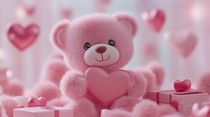 Poster - Pink Teddy Bear with Heart and Gift Box for Valentine’s Day