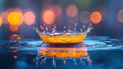 Canvas Print - Golden water drop splash, night bokeh