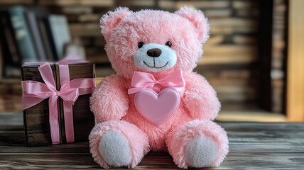 Poster - Pink Teddy Bear with Heart and Gift Box for Valentine’s Day