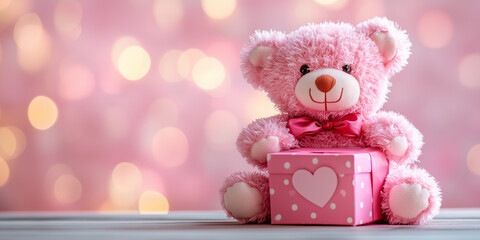 Poster - Pink Teddy Bear with Heart and Gift Box for Valentine’s Day