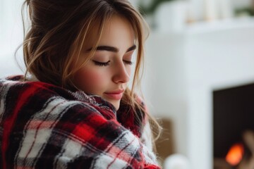 Poster - A woman is wrapped in a cozy red and black plaid blanket, perfect for cold winter nights or outdoor adventures