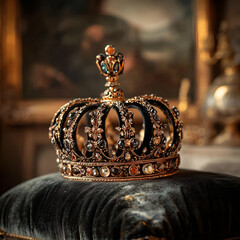 Black and gold crown with intricate details, luxurious, royal accessory on an elegant velvet backdrop